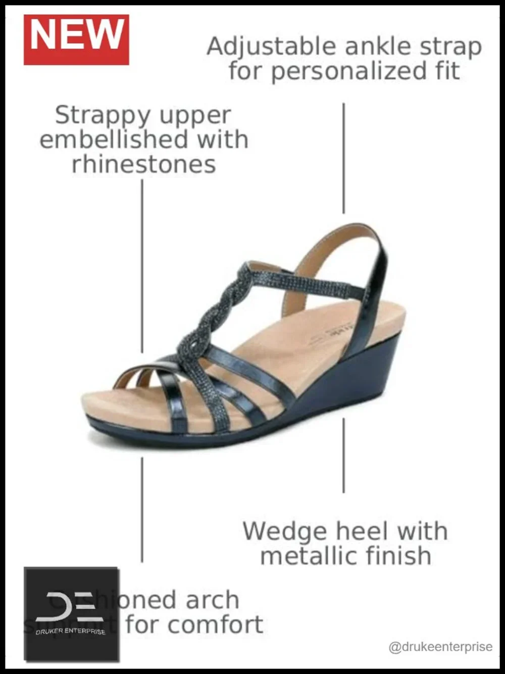 Wedge Sandals for Women Rhinestone Strappy Slip-On Heels Comfortable